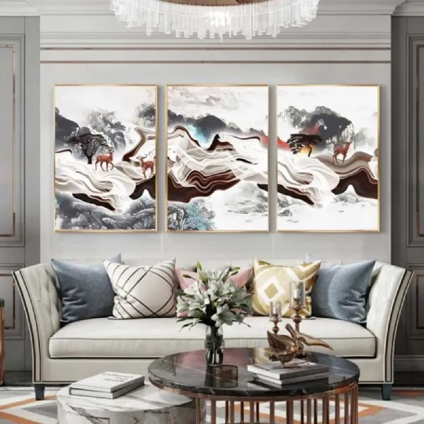 Bức tranh núi đồi và đàn hươu nai