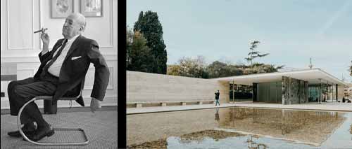 Trái: Ludwig Mies van der Rohe.  Bên phải: Nhà trưng bày barcelona