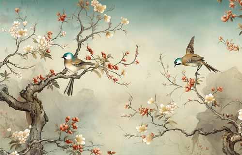 Tranh dán tường chim và hoa