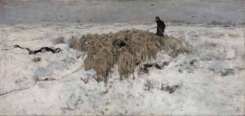 Anton Mauve - Flock of sheep with shepherd in the snow