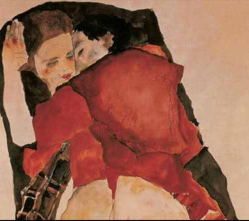 Egon Schiele, Hai cô gái (những người yêu nhau). Tranh tái hiện trong “Expressionism” của Ashley Bassie