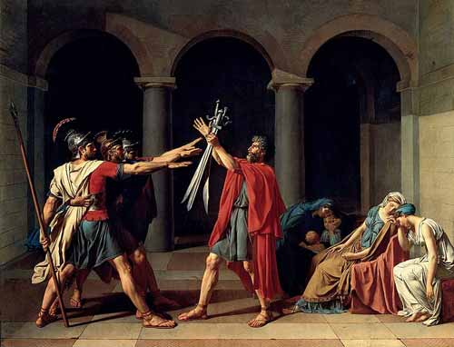 Jacques-Louis David, Lời thề của Horatii, 1784. Một tác phẩm lịch sử tiêu biểu của thời kỳ tân cổ điển, gắn bó về mặt chính trị và đạo đức.