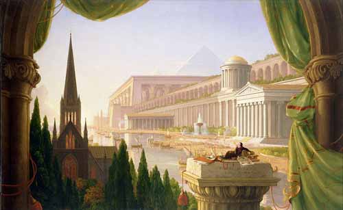 Thomas Cole, Giấc mơ của kiến trúc sư, 1840. Một minh họa ngụ ngôn về nghệ thuật truyền cảm hứng từ Chủ nghĩa lịch sử.