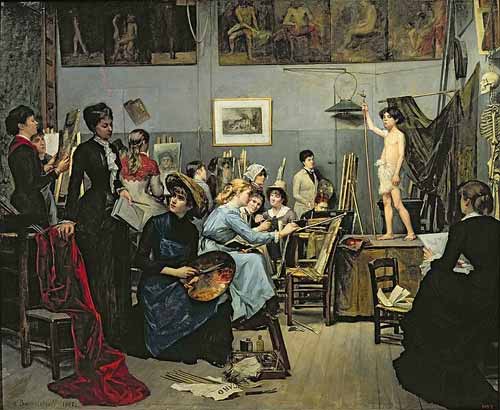 Robert-Fleury's Atelier tại Académie Julian dành cho nữ sinh viên nghệ thuật ở Paris. Một bức tranh năm 1881 của sinh viên Marie Bashkirtseff.