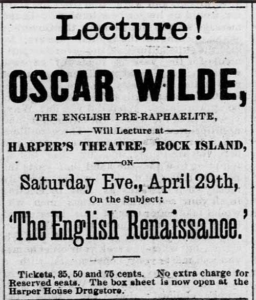 Oscar Wilde thuyết trình về "Phục hưng nước Anh trong nghệ thuật" trong chuyến lưu diễn Bắc Mỹ năm 1882