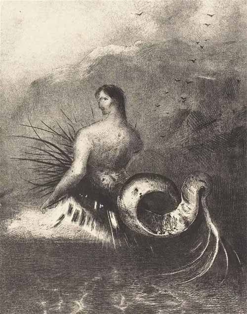 The Siren - Một tác phẩm khắc mô tả một người cá với những râu nhọn đang lộ ra từ những con sóng.
