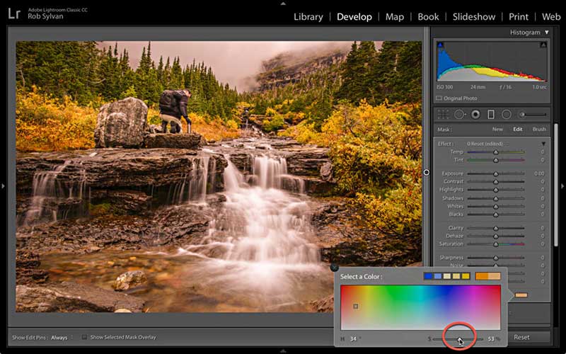 Ảnh chụp màn hình bảng điều khiển Color/Effects trong Lightroom
