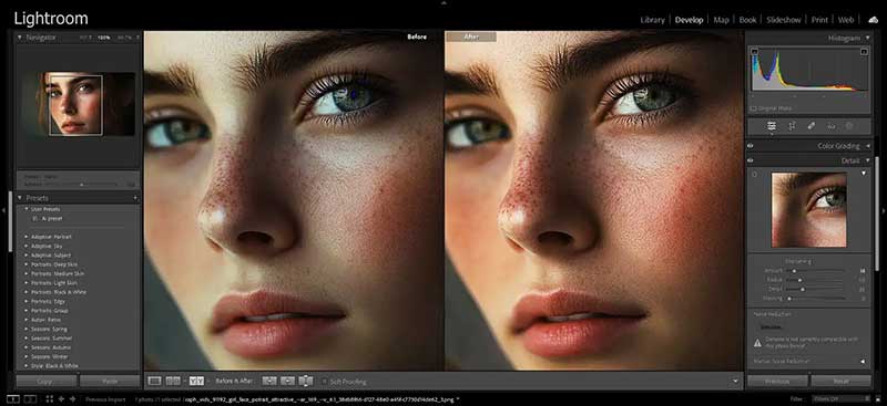 So sánh ảnh trước và sau khi làm nét, hoặc ảnh chụp màn hình bảng điều khiển Sharpening trong Lightroom/Photoshop