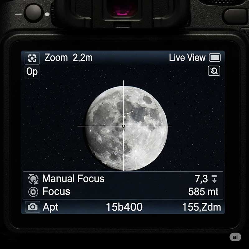 Ảnh chụp màn hình Live View phóng to mặt trăng để lấy nét thủ công