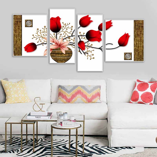 Tranh Canvas tĩnh vật bình hoa đỏ, mang lại phong cách hiện đại cho không gian phòng khách