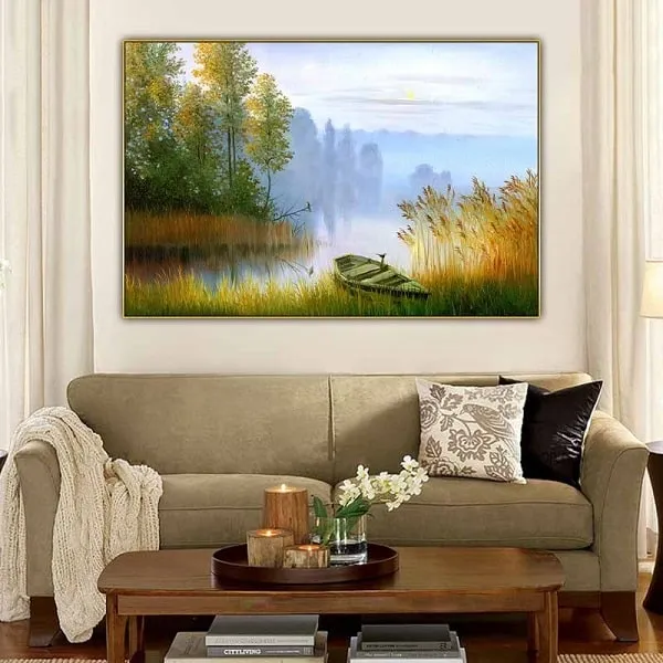 Tranh phong cảnh chiếc thuyền gỗ nhỏ ven hồ