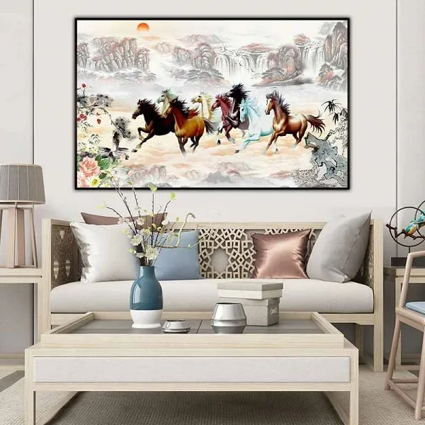Tranh bát mã tám con ngựa mã đáo thành công trên nền núi đồi