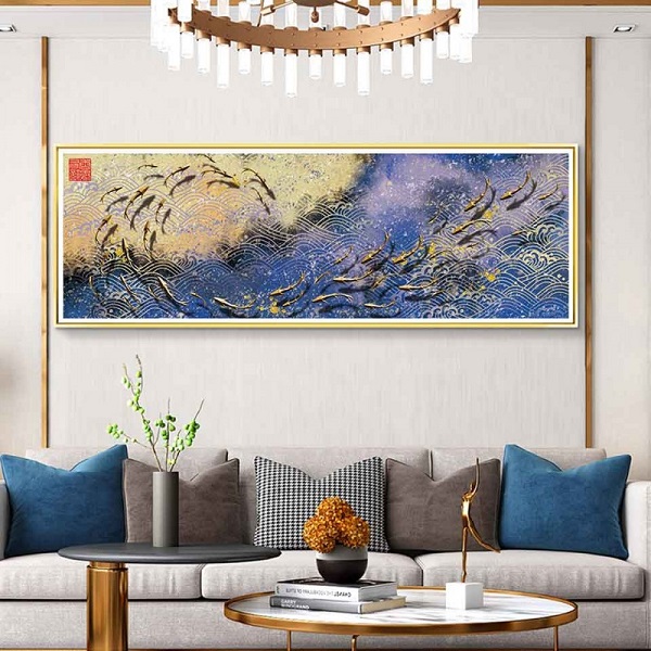 Tranh trang trí phòng khách hiện đại - Tranh Canvas trừu tượng với hình ảnh đàn cá đang chơi đùa trong làn sóng