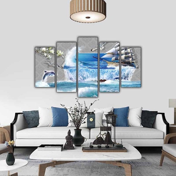 Tranh trang trí phòng khách hiện đại với phong cảnh thuận buồm xuôi gió và cá heo