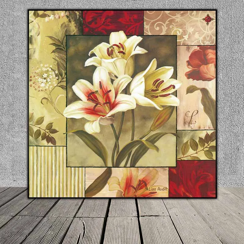 Tranh hoa huệ tây và hoa tulip với màu sắc cổ điển
