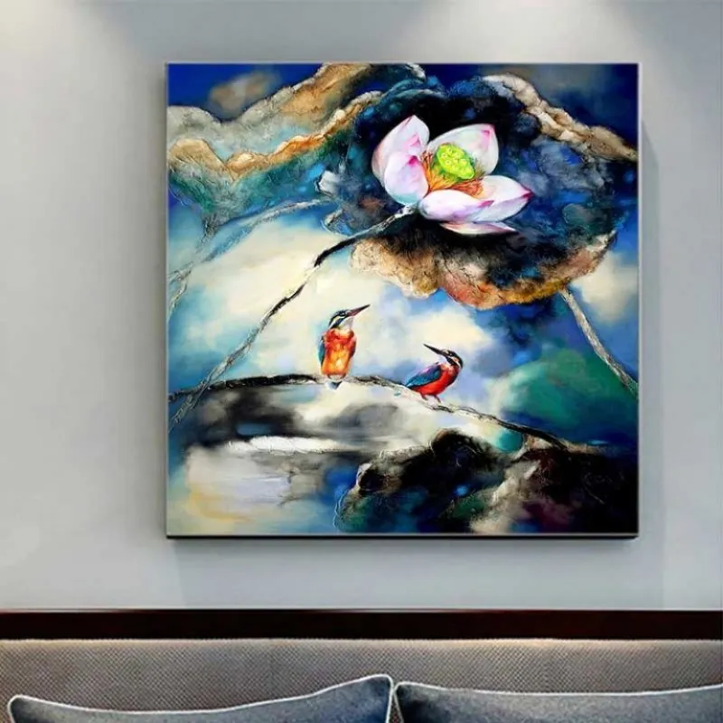 Tranh hoa sen trắng và đôi chim bói cá