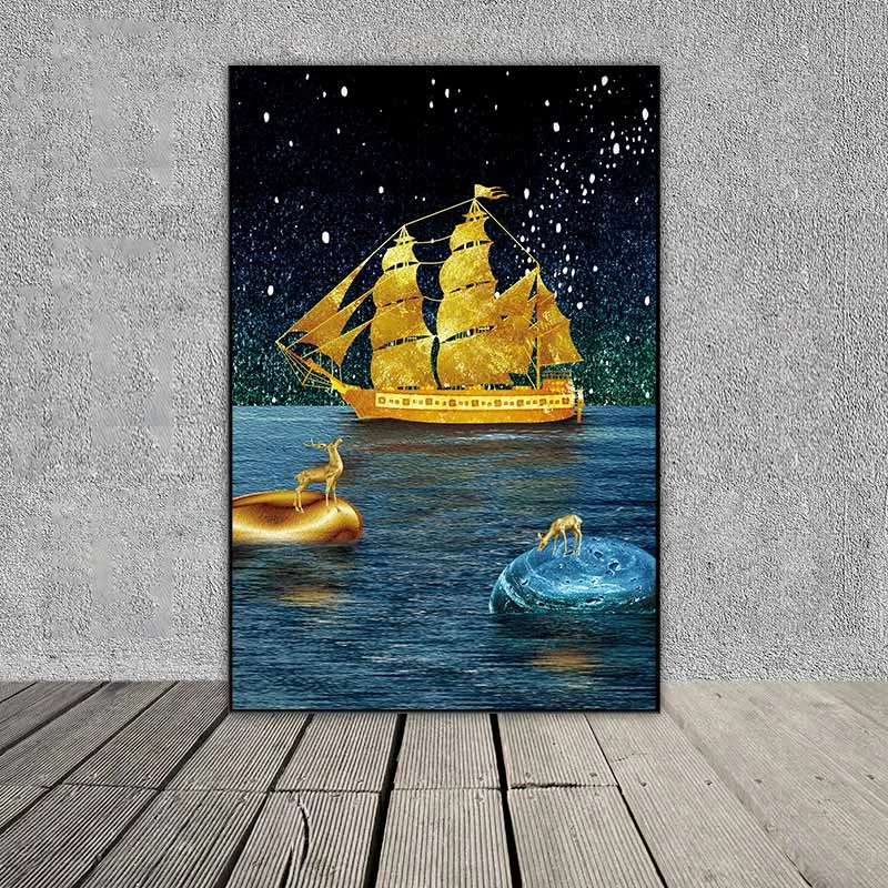 Tranh thuận buồm xuôi gió, thuyền buồm vàng và hai con nai vàng đứng trên đá phong thủy