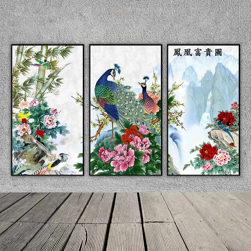 Tranh chim công xanh và hoa mẫu đơn
