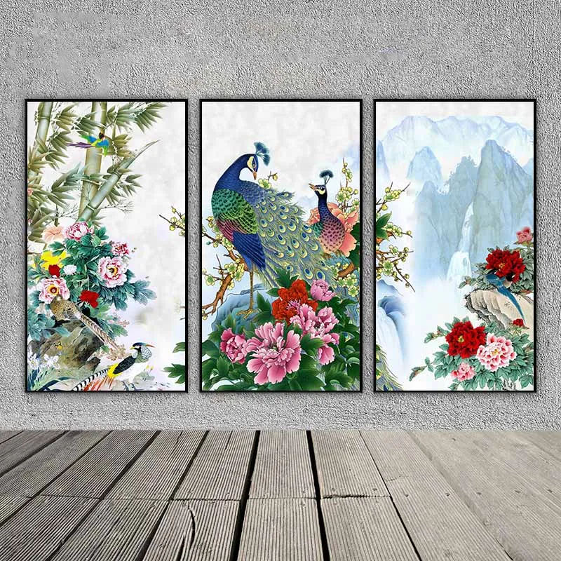 Tranh chim công xanh và hoa mẫu đơn