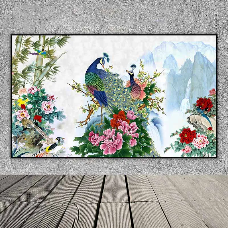 Tranh chim công xanh và hoa mẫu đơn