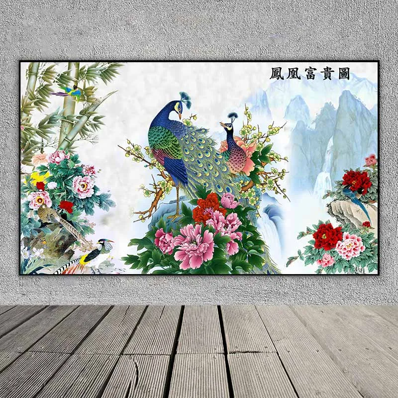 Tranh chim công xanh và hoa mẫu đơn