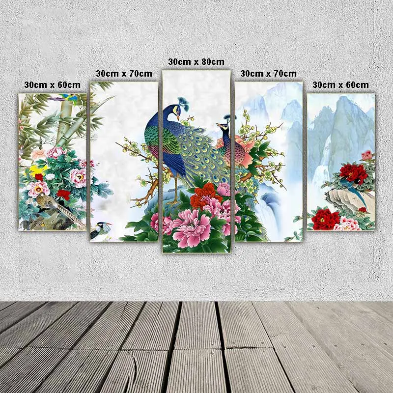 Tranh chim công xanh và hoa mẫu đơn