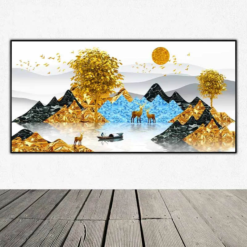 Tranh đồi núi, cây và hươu nai vàng phong thủy