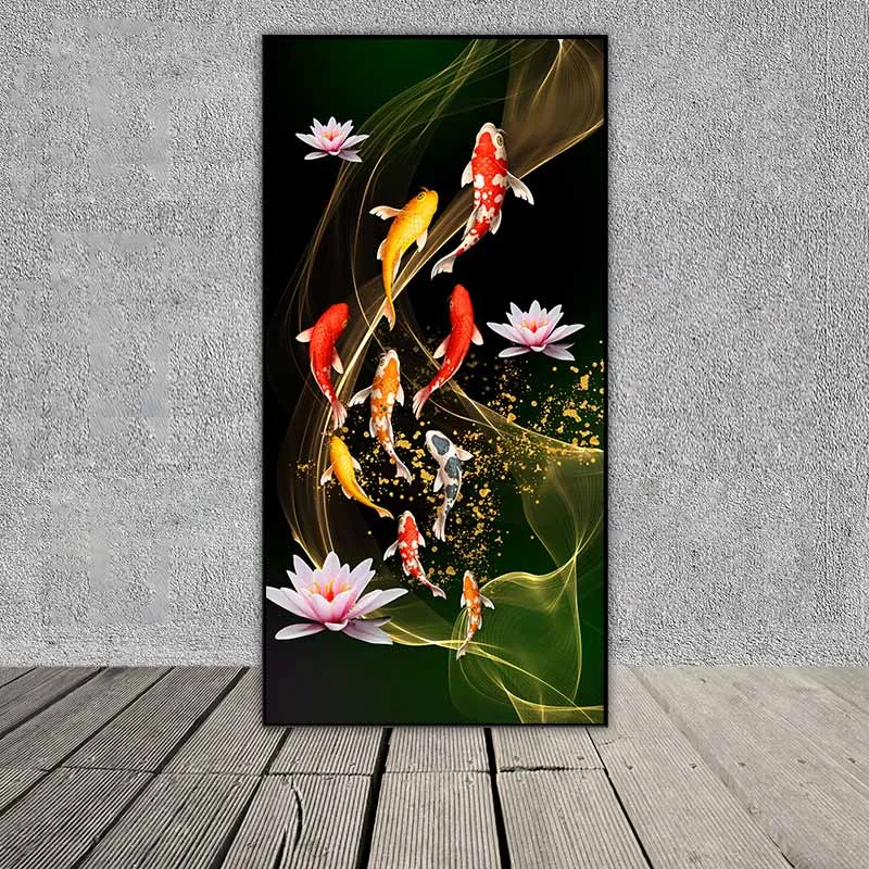 Tranh cá chép cửu ngư bơi theo luồng sáng và hoa sen hồng