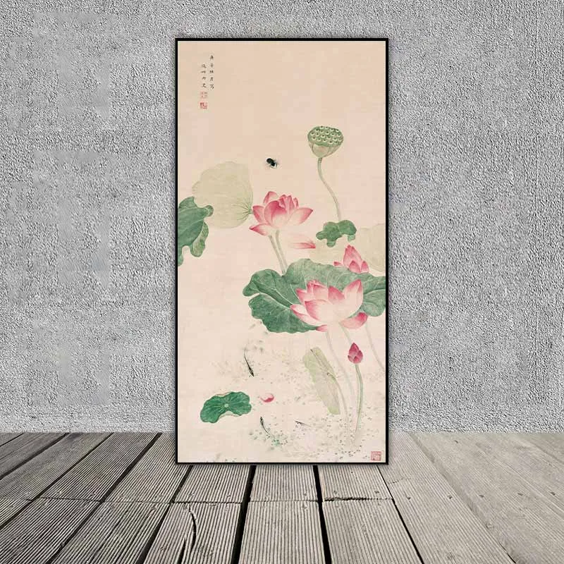 Tranh hoa sen màu sắc hoài cổ vintage