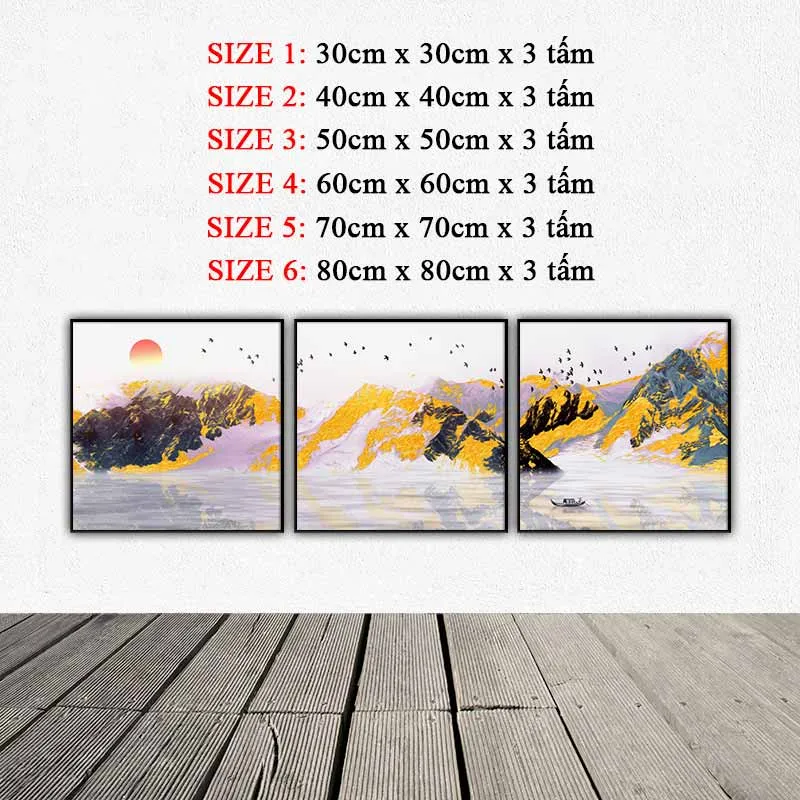 Tranh núi đồi với sắc vàng đen trừu tượng, dưới dòng sông có người đang trẻo thuyền