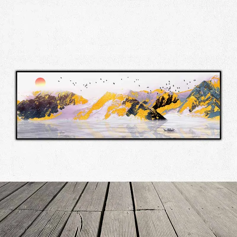 Tranh núi đồi với sắc vàng đen trừu tượng, dưới dòng sông có người đang trẻo thuyền