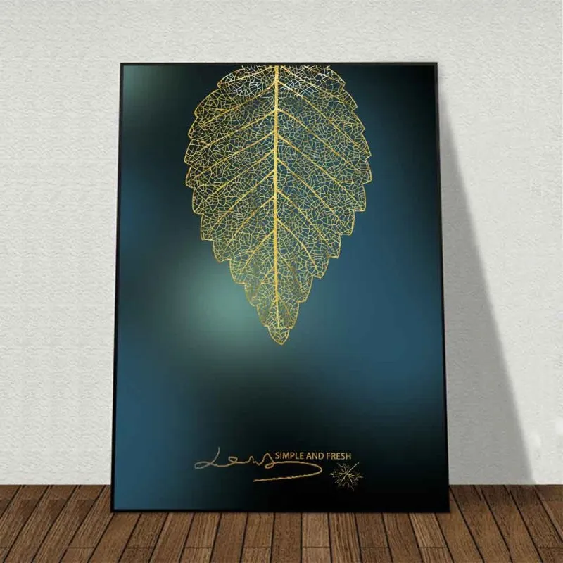 Tranh canvas lá cây trừu tượng vàng nền xanh