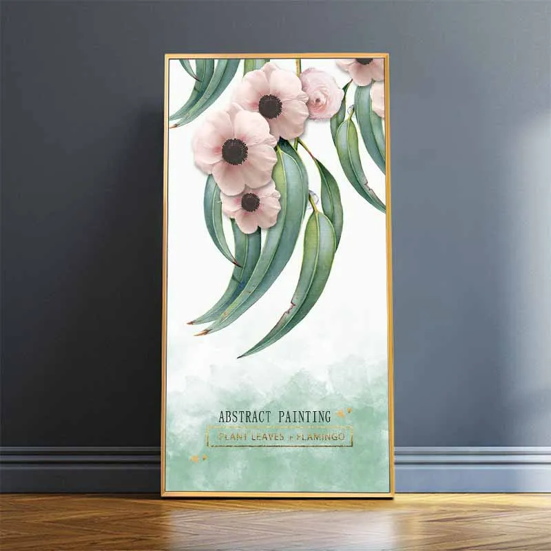 Tranh canvas hoa kết hợp chữ Abstract Painting Plant Leaves Flamingo