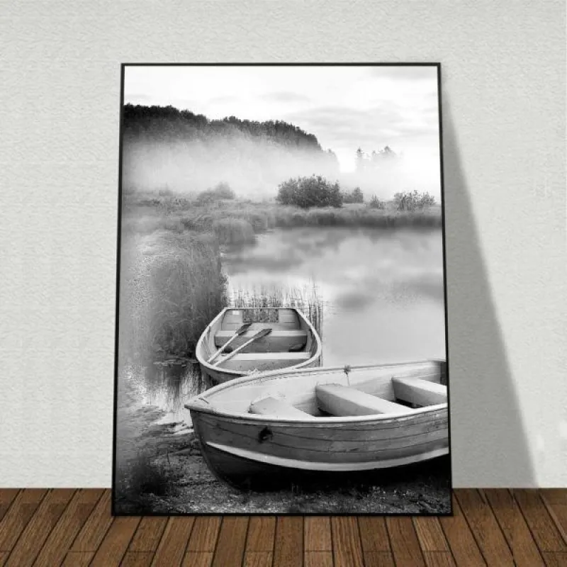 Tranh phong cảnh Scandinavia thuyền, cầu gỗ và cây khô