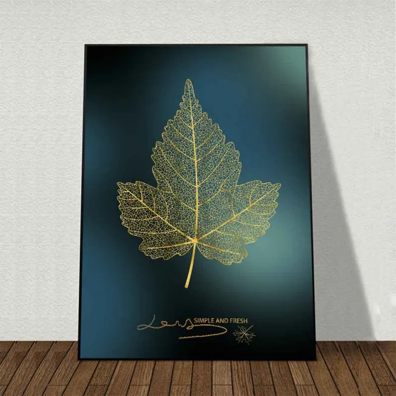 Tranh canvas lá cây trừu tượng vàng nền xanh