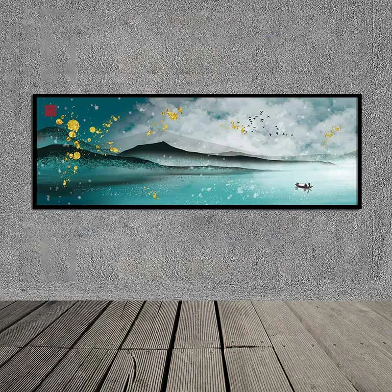Tranh canvas Scandinavian phong cảnh thuyền và non nước khổ dài