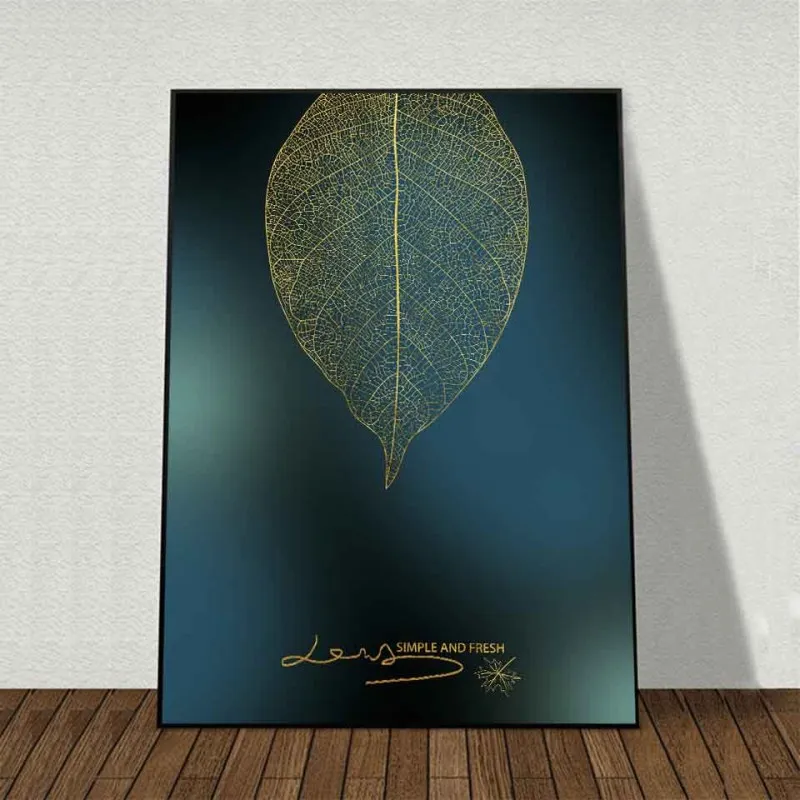 Tranh canvas lá cây trừu tượng vàng nền xanh