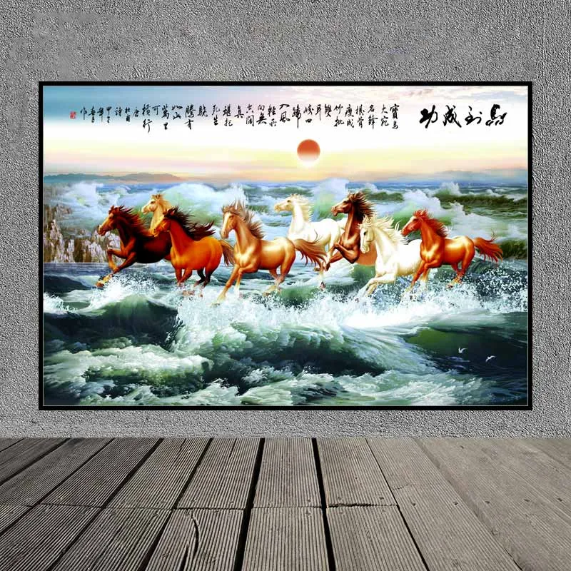 Tranh phong thủy bát mã, mã đáo thành công, tám con ngựa chạy trên bãi biển