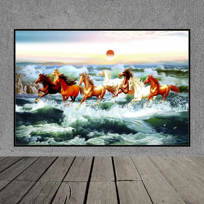 Tranh phong thủy bát mã, mã đáo thành công, tám con ngựa chạy trên bãi biển