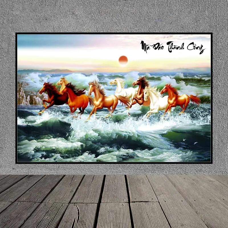 Tranh phong thủy bát mã, mã đáo thành công, tám con ngựa chạy trên bãi biển