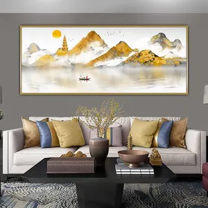 Tranh người đi thuyền trên hồ nước với phong cảnh đồi núi vàng và chùa tháp