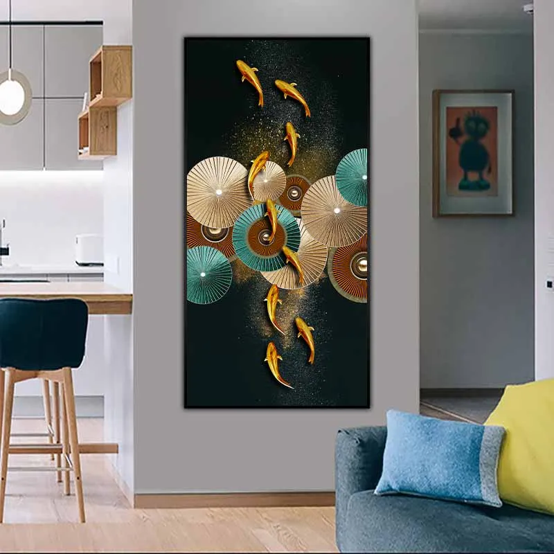 Tranh phong thủy cửu ngư và các vòng tròn lá sen trừu tượng