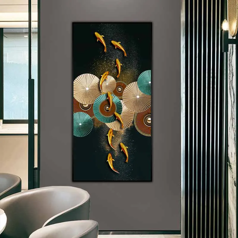 Tranh phong thủy cửu ngư và các vòng tròn lá sen trừu tượng