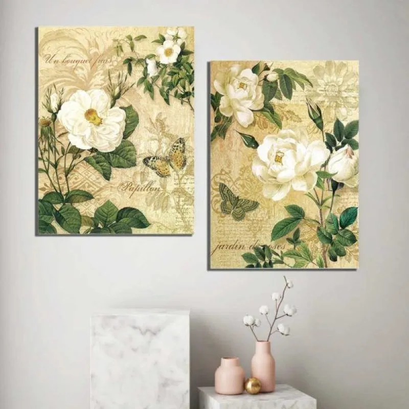 Tranh hoa Trà trắng theo phong cách Vintage