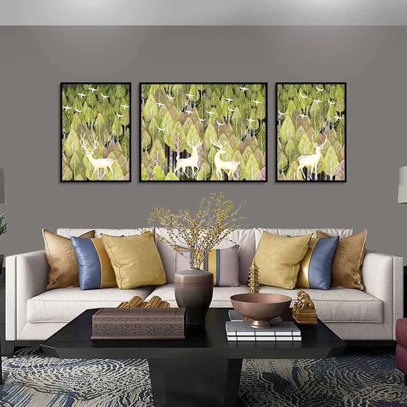 Tranh đàn nai trắng trong rừng cây trừu tượng