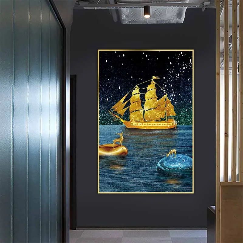 Tranh thuận buồm xuôi gió, thuyền buồm vàng và hai con nai vàng đứng trên đá phong thủy