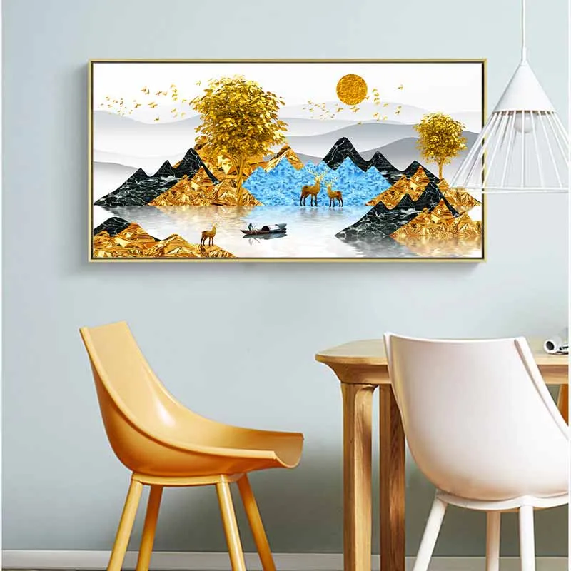 Tranh đồi núi, cây và hươu nai vàng phong thủy