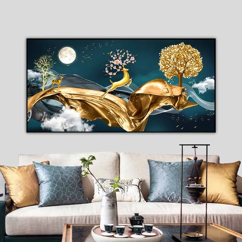 Tranh trừu tượng hiện đại đàn nai và cây lá vàng