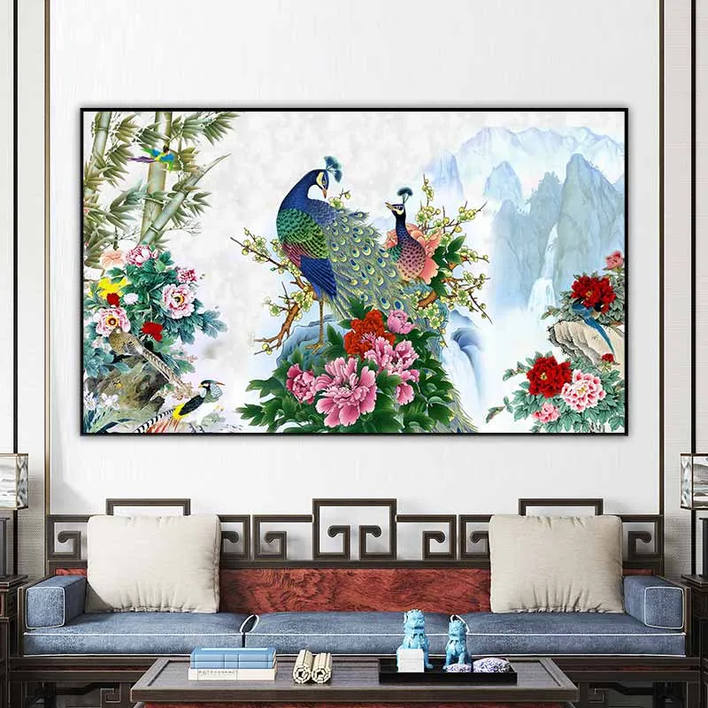 Tranh chim công xanh và hoa mẫu đơn