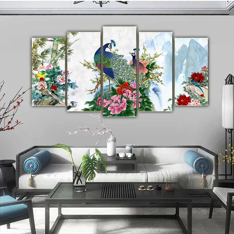 Tranh chim công xanh và hoa mẫu đơn